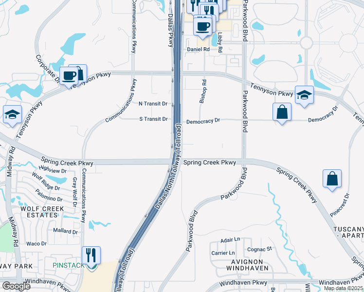 map of restaurants, bars, coffee shops, grocery stores, and more near 6785 Dallas Parkway in Plano