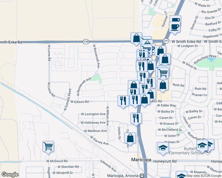 map of restaurants, bars, coffee shops, grocery stores, and more near 45072 Miramar Road in Maricopa