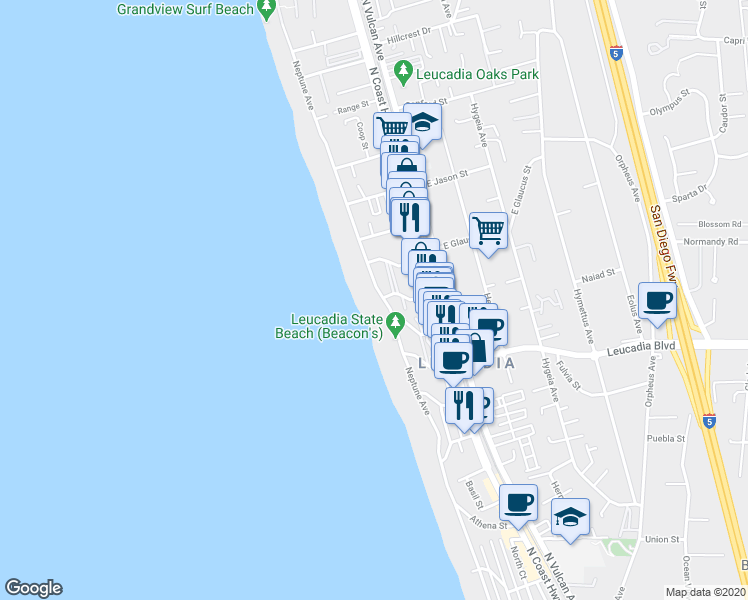 map of restaurants, bars, coffee shops, grocery stores, and more near 1036 Neptune Avenue in Encinitas