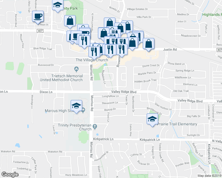 map of restaurants, bars, coffee shops, grocery stores, and more near 2013 Annabel Drive in Flower Mound