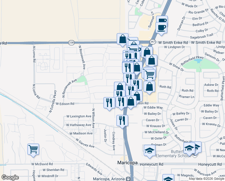 map of restaurants, bars, coffee shops, grocery stores, and more near 44866 Bahia Drive in Maricopa