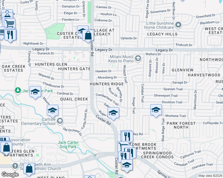 map of restaurants, bars, coffee shops, grocery stores, and more near 6630 Rossi Drive in Plano