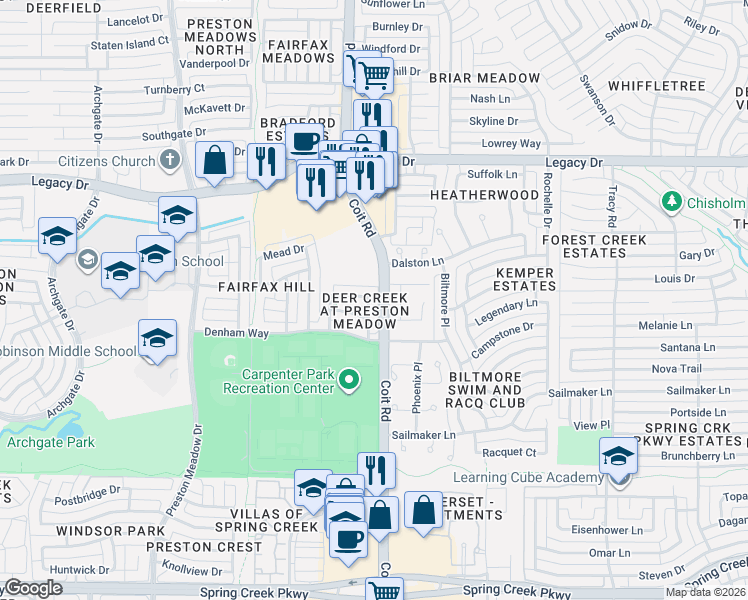 map of restaurants, bars, coffee shops, grocery stores, and more near 6736 Hillhaven Drive in Plano