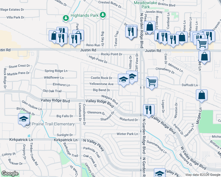 map of restaurants, bars, coffee shops, grocery stores, and more near 1609 Yellowstone Avenue in Lewisville