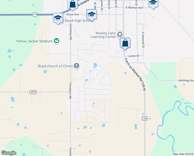 map of restaurants, bars, coffee shops, grocery stores, and more near Green Meadow Court in Boyd