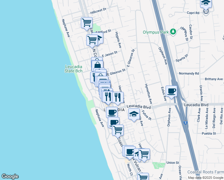 map of restaurants, bars, coffee shops, grocery stores, and more near 1034 Hermes Avenue in Encinitas
