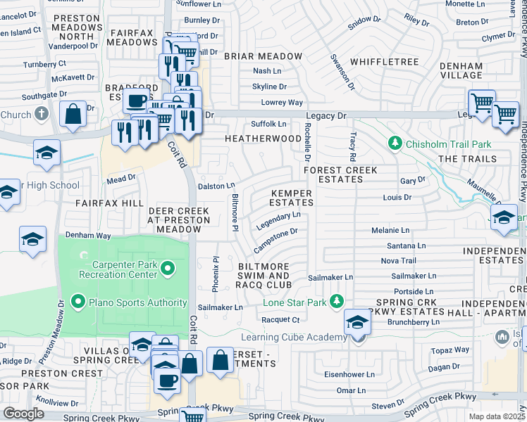 map of restaurants, bars, coffee shops, grocery stores, and more near 3836 Parkmont Drive in Plano