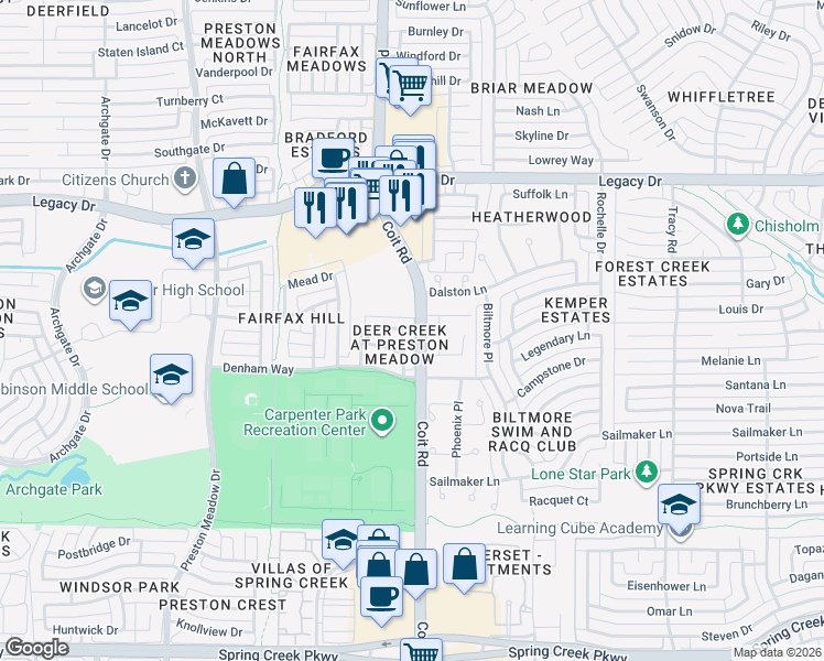 map of restaurants, bars, coffee shops, grocery stores, and more near in Plano