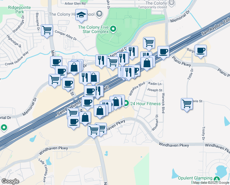 map of restaurants, bars, coffee shops, grocery stores, and more near 4800 Texas 121 in The Colony