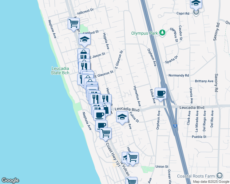 map of restaurants, bars, coffee shops, grocery stores, and more near 994 Hygeia Avenue in Encinitas