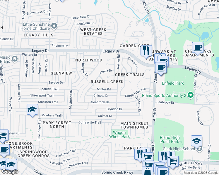 map of restaurants, bars, coffee shops, grocery stores, and more near 1356 Todd Drive in Plano
