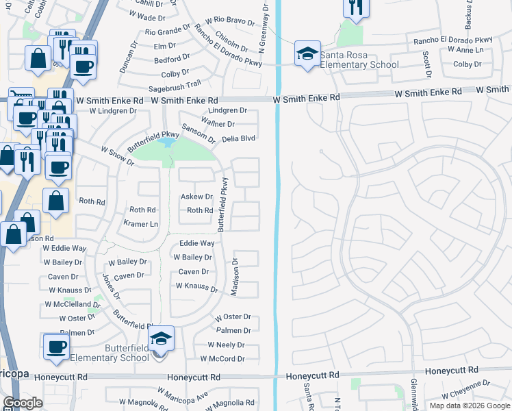 map of restaurants, bars, coffee shops, grocery stores, and more near 43205 Askew Drive in Maricopa