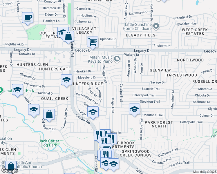 map of restaurants, bars, coffee shops, grocery stores, and more near 2001 Webley Drive in Plano