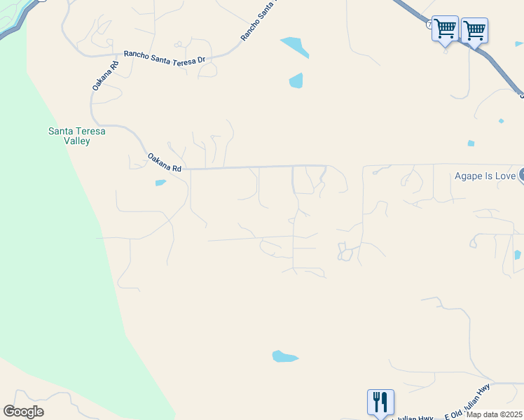 map of restaurants, bars, coffee shops, grocery stores, and more near 25215 Oakana Road in Ramona