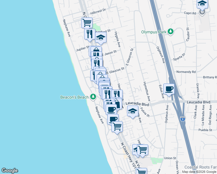 map of restaurants, bars, coffee shops, grocery stores, and more near 1045 North Vulcan Avenue in Encinitas