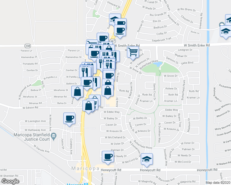 map of restaurants, bars, coffee shops, grocery stores, and more near 44265 West Roth Road in Maricopa