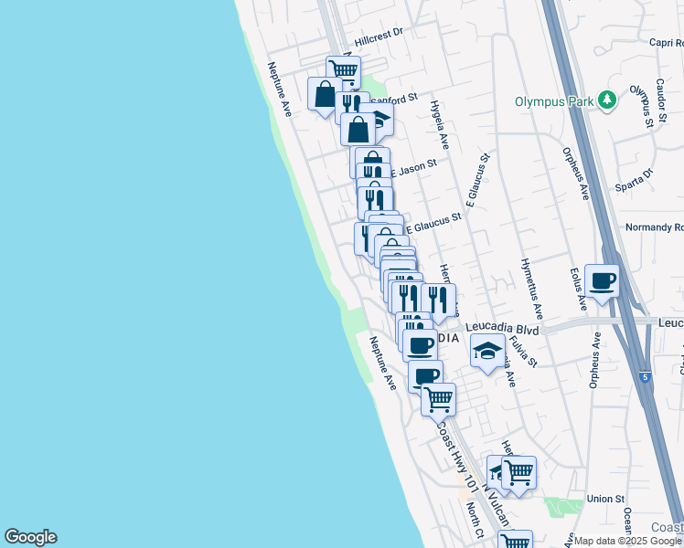 map of restaurants, bars, coffee shops, grocery stores, and more near 1046-48 Neptune Avenue in Encinitas