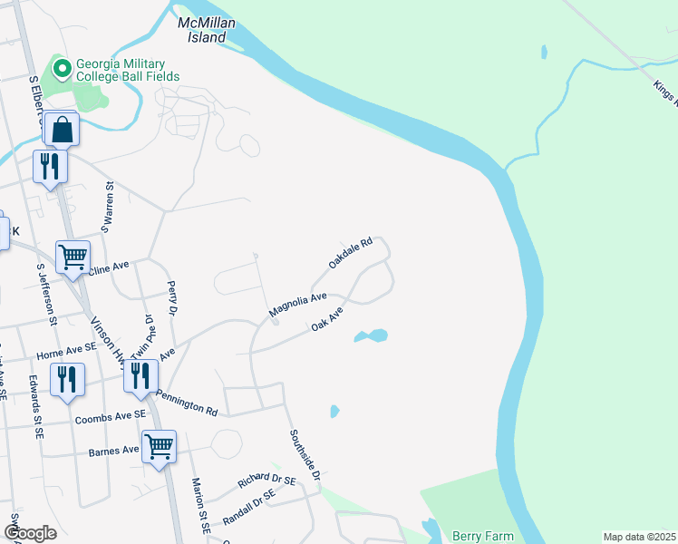 map of restaurants, bars, coffee shops, grocery stores, and more near 251 Oakdale Road in Milledgeville