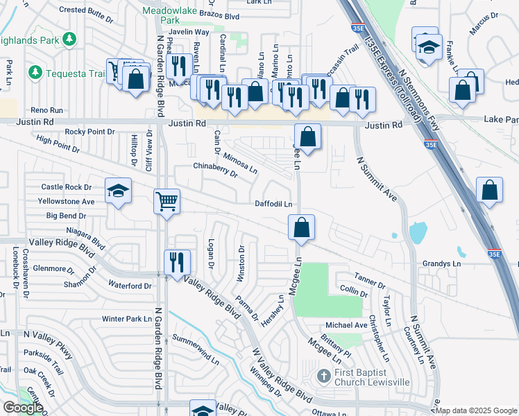 map of restaurants, bars, coffee shops, grocery stores, and more near 1806 Cactus Circle in Lewisville
