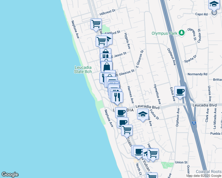 map of restaurants, bars, coffee shops, grocery stores, and more near 1038 South Coast Highway 101 in Encinitas