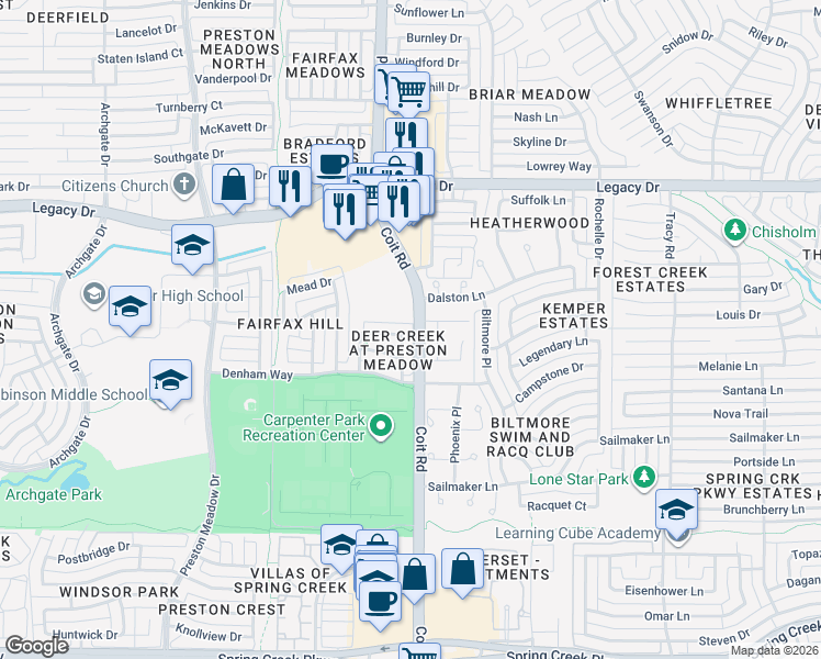 map of restaurants, bars, coffee shops, grocery stores, and more near in Plano