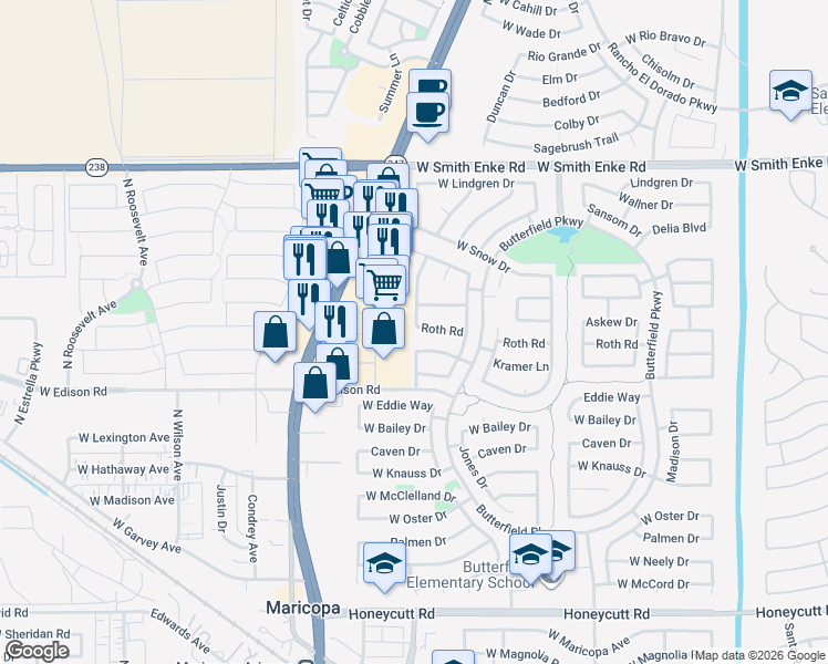 map of restaurants, bars, coffee shops, grocery stores, and more near 20917 North John Wayne Parkway in Maricopa
