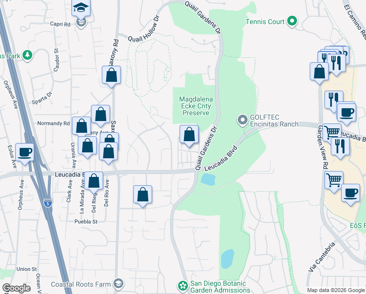 map of restaurants, bars, coffee shops, grocery stores, and more near 1603 San Remo Place in Encinitas
