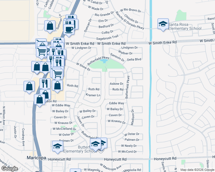 map of restaurants, bars, coffee shops, grocery stores, and more near 20610 North Donithan Way in Maricopa