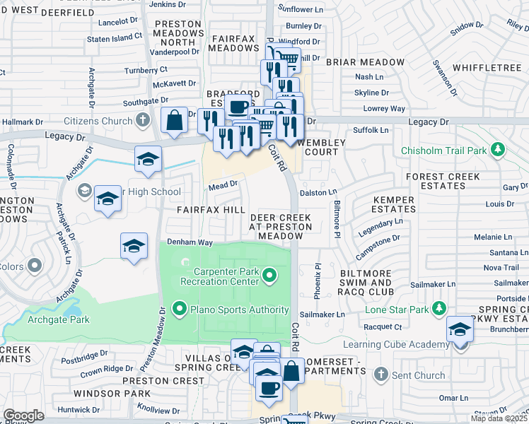 map of restaurants, bars, coffee shops, grocery stores, and more near 4113 Elmhill Drive in Plano