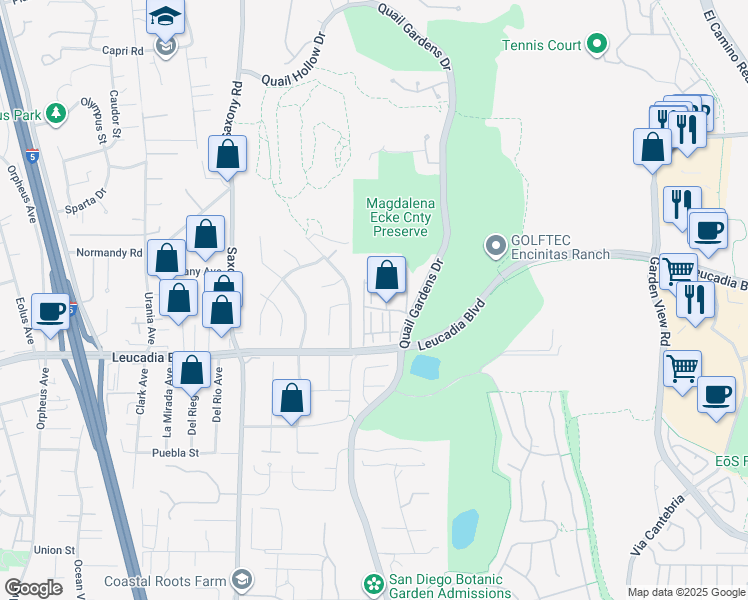 map of restaurants, bars, coffee shops, grocery stores, and more near 1136-1188 Quail Gardens Drive in Encinitas