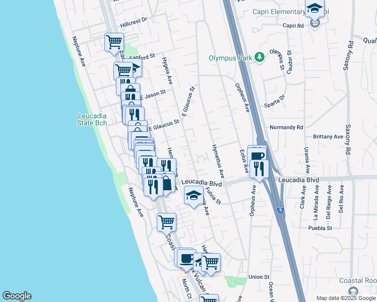 map of restaurants, bars, coffee shops, grocery stores, and more near 214 Alexander Court in Encinitas