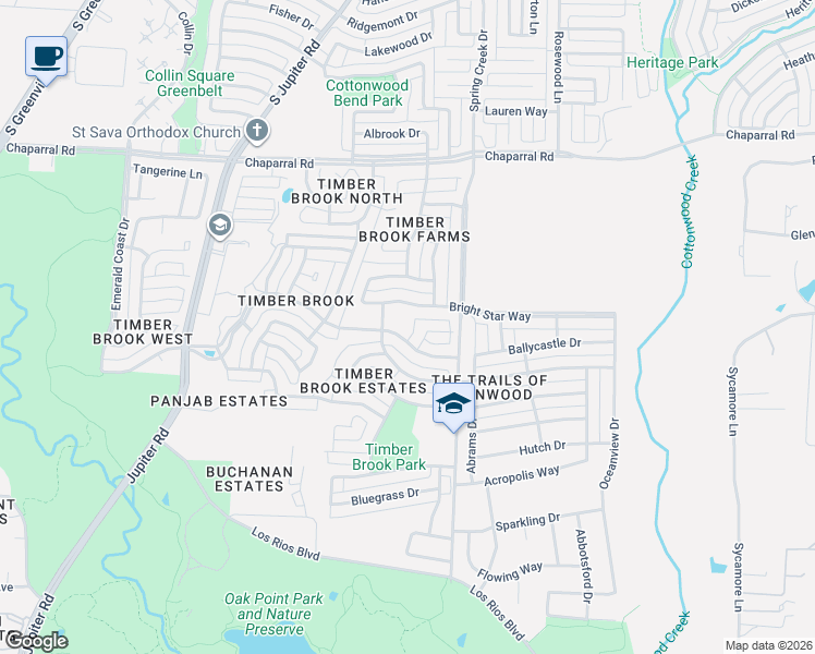 map of restaurants, bars, coffee shops, grocery stores, and more near 3404 Bright Star Way in Plano