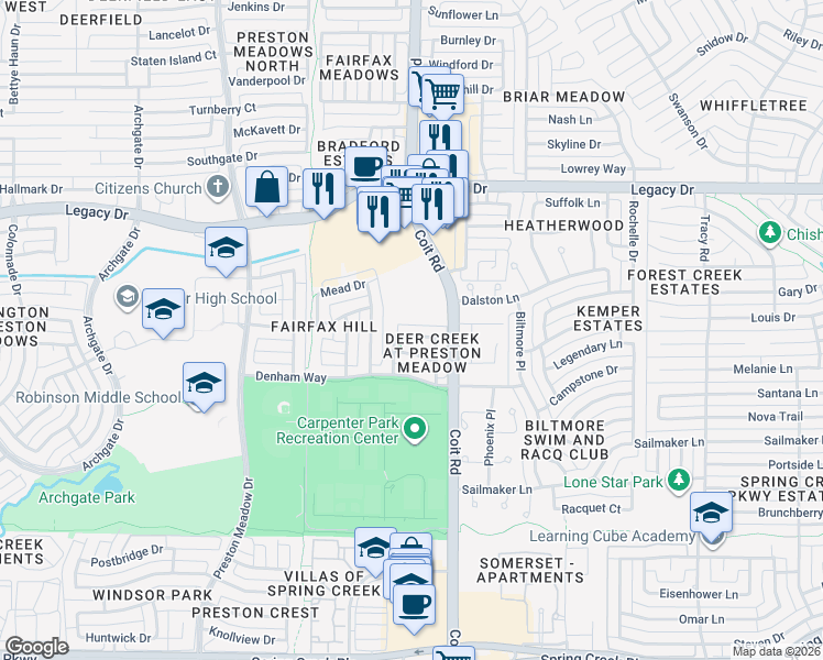 map of restaurants, bars, coffee shops, grocery stores, and more near 4125 Elmhill Drive in Plano