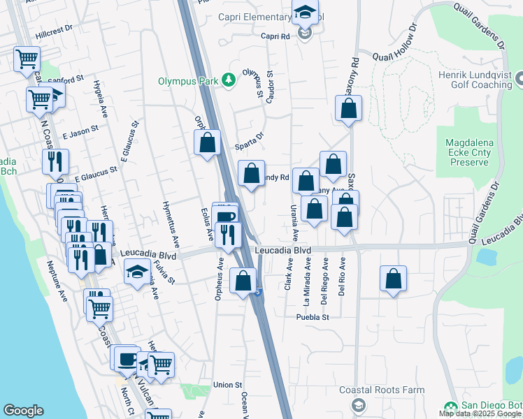 map of restaurants, bars, coffee shops, grocery stores, and more near 1060 Normandy Hill Lane in Encinitas