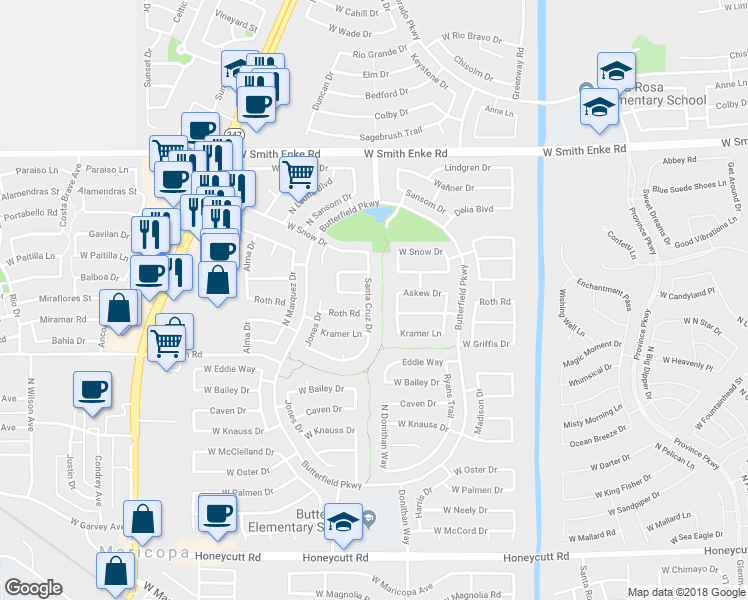 map of restaurants, bars, coffee shops, grocery stores, and more near 20621 Santa Cruz Drive in Maricopa