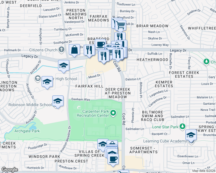 map of restaurants, bars, coffee shops, grocery stores, and more near 4125 Elmhill Drive in Plano