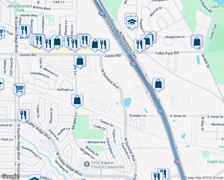 map of restaurants, bars, coffee shops, grocery stores, and more near 1600 North Summit Avenue in Lewisville