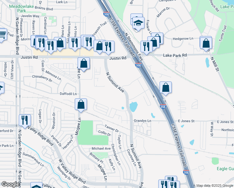 map of restaurants, bars, coffee shops, grocery stores, and more near 1600 North Summit Avenue in Lewisville