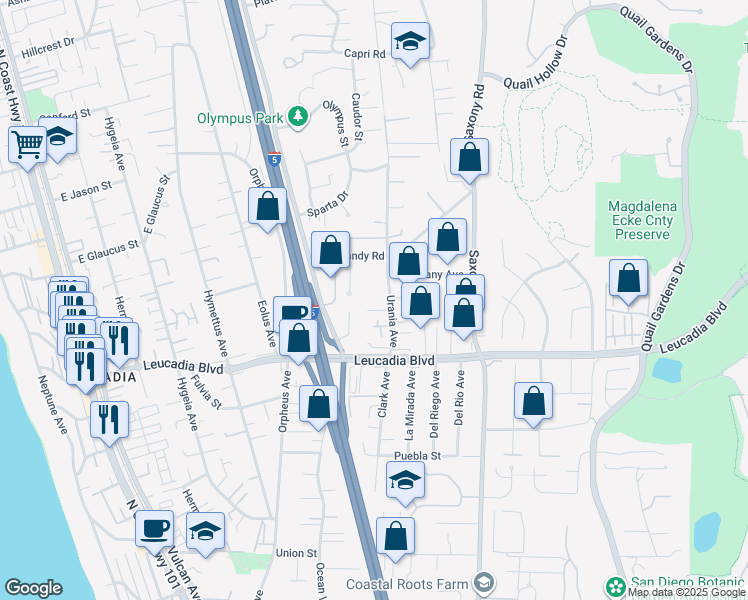 map of restaurants, bars, coffee shops, grocery stores, and more near 1046 Urania Avenue in Encinitas