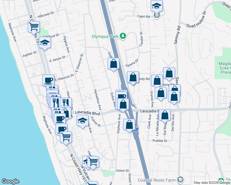 map of restaurants, bars, coffee shops, grocery stores, and more near 1030 Orpheus Avenue in Encinitas