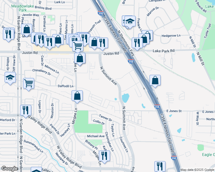 map of restaurants, bars, coffee shops, grocery stores, and more near 1600 North Summit Avenue in Lewisville