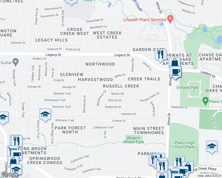 map of restaurants, bars, coffee shops, grocery stores, and more near 6740 Manitowoc Drive in Plano