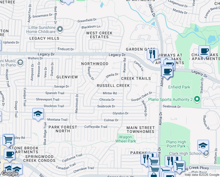 map of restaurants, bars, coffee shops, grocery stores, and more near 1356 Todd Drive in Plano