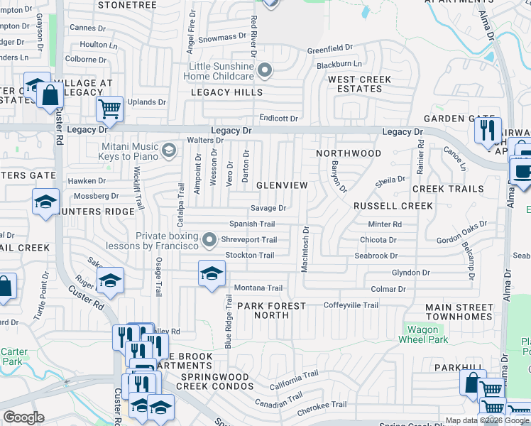 map of restaurants, bars, coffee shops, grocery stores, and more near 6700 Beeman Drive in Plano