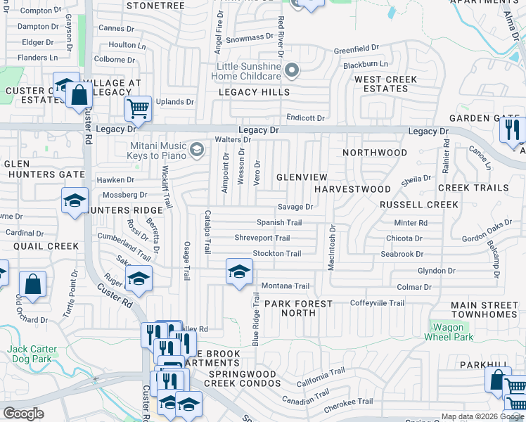 map of restaurants, bars, coffee shops, grocery stores, and more near 1708 Savage Drive in Plano