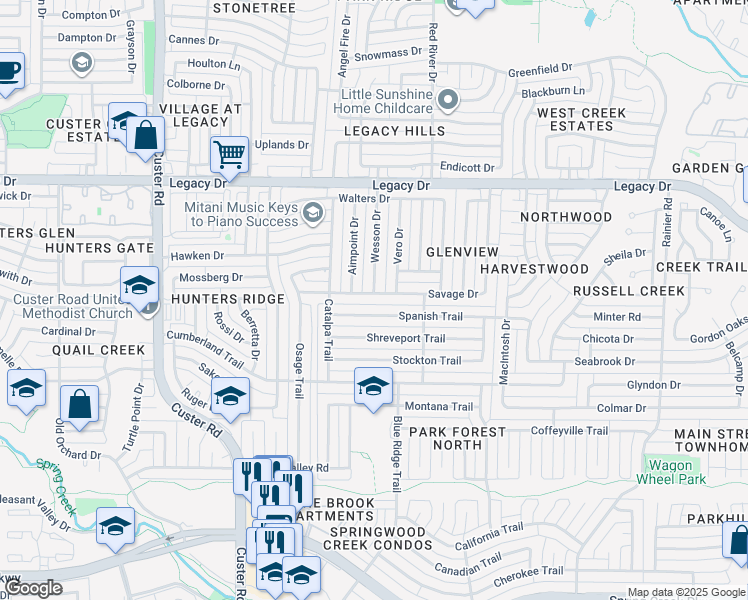 map of restaurants, bars, coffee shops, grocery stores, and more near 1812 Savage Drive in Plano