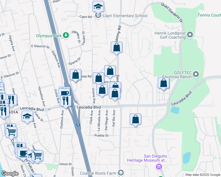 map of restaurants, bars, coffee shops, grocery stores, and more near 1022 Saxony Road in Encinitas
