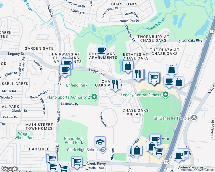 map of restaurants, bars, coffee shops, grocery stores, and more near 600 Legacy Drive in Plano