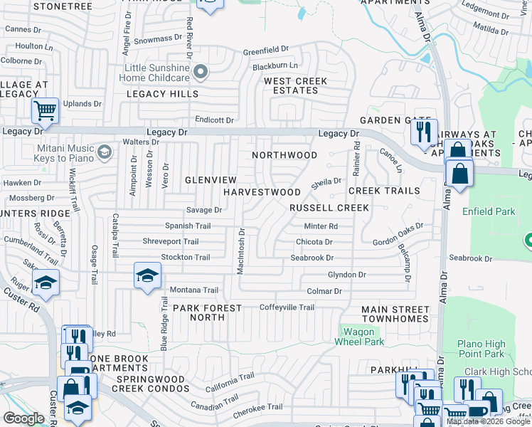 map of restaurants, bars, coffee shops, grocery stores, and more near 6241 Mantissa Drive in Plano