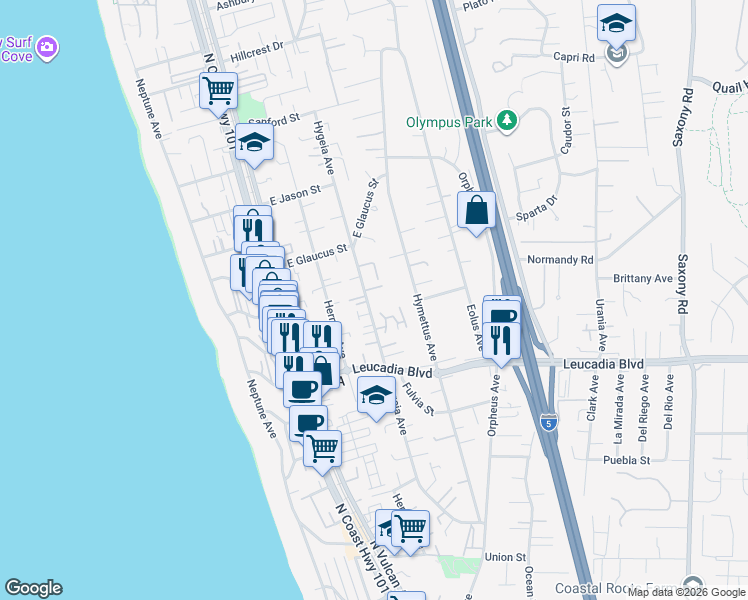 map of restaurants, bars, coffee shops, grocery stores, and more near 1013 Hygeia Avenue in Encinitas